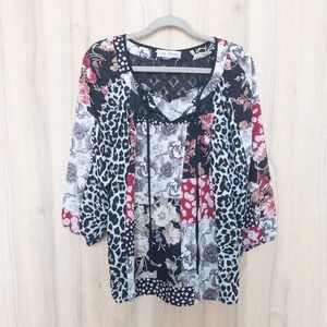Hope Springs Womens Patchwork Blouse Size L Multicolor Floral Leopard Lace Boho